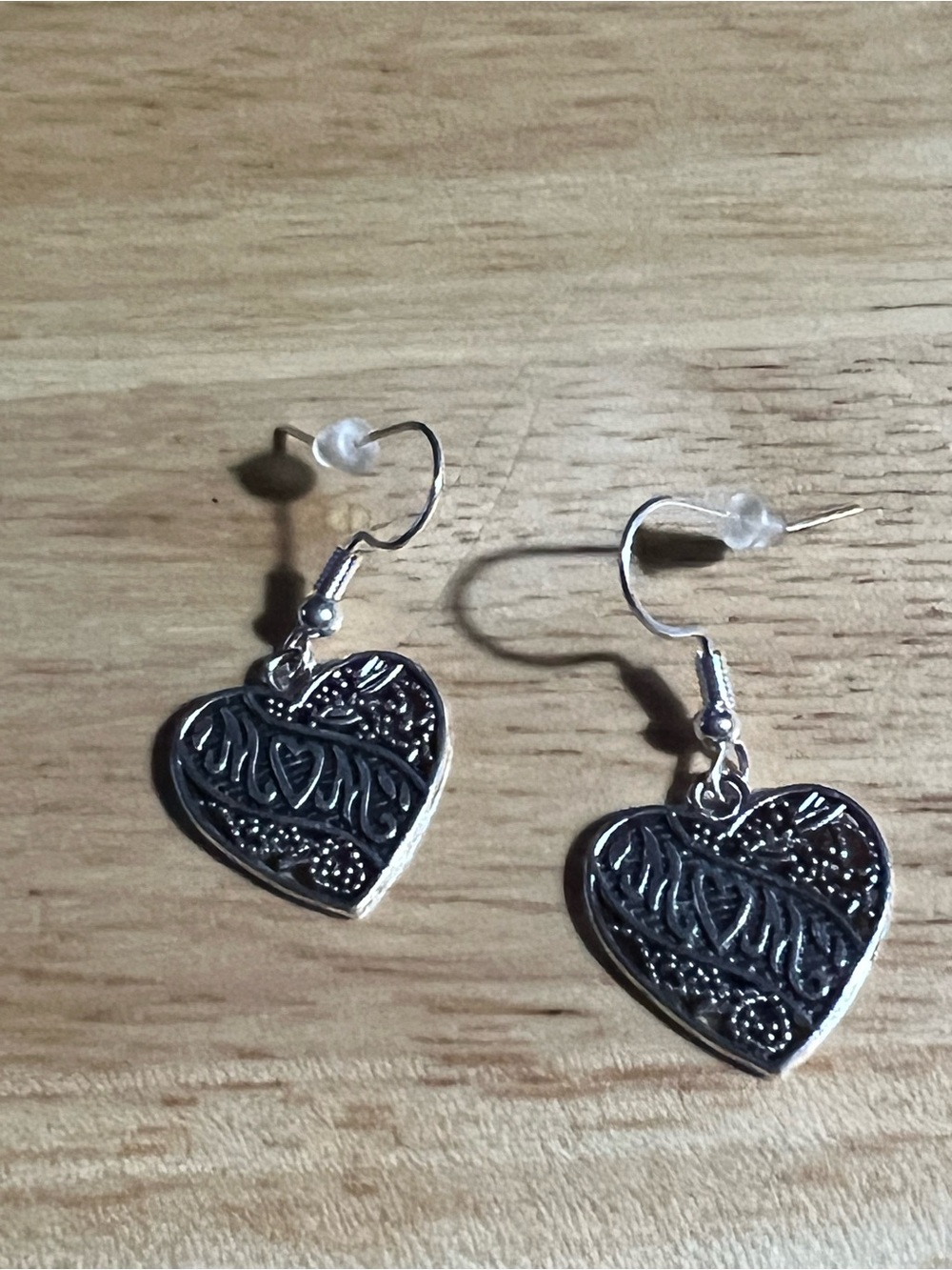 Silver Heart Drop Earrings - Floral Filigree E187